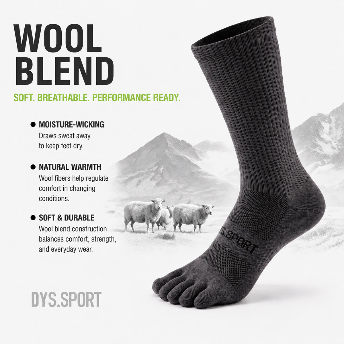 DYS.SPORT Merino Wool Blend Toe Socks | Midweight Hiking Crew Socks for Hiking & Trekking