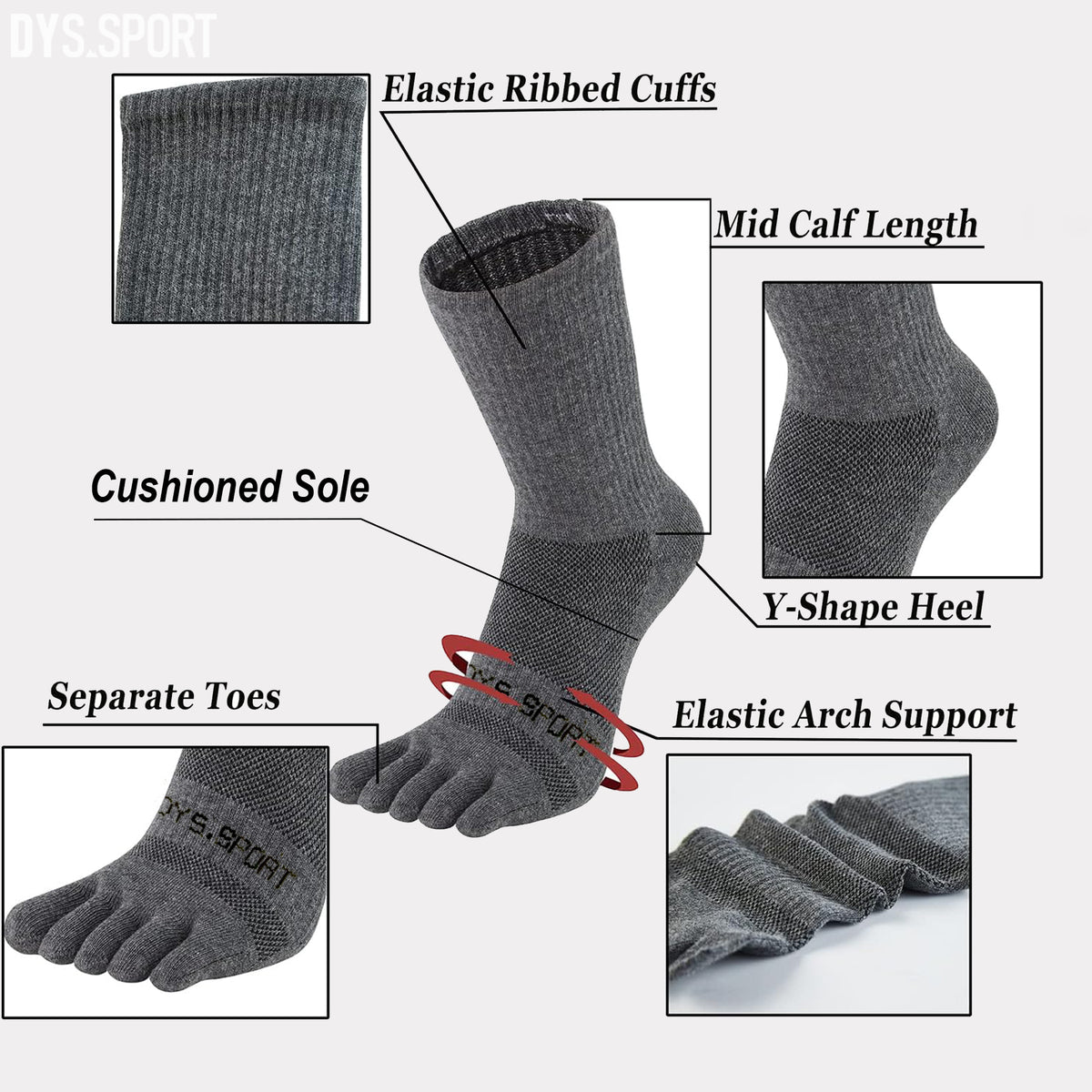 DYS.SPORT Merino Wool Blend Toe Socks | Midweight Hiking Crew Socks for Hiking & Trekking