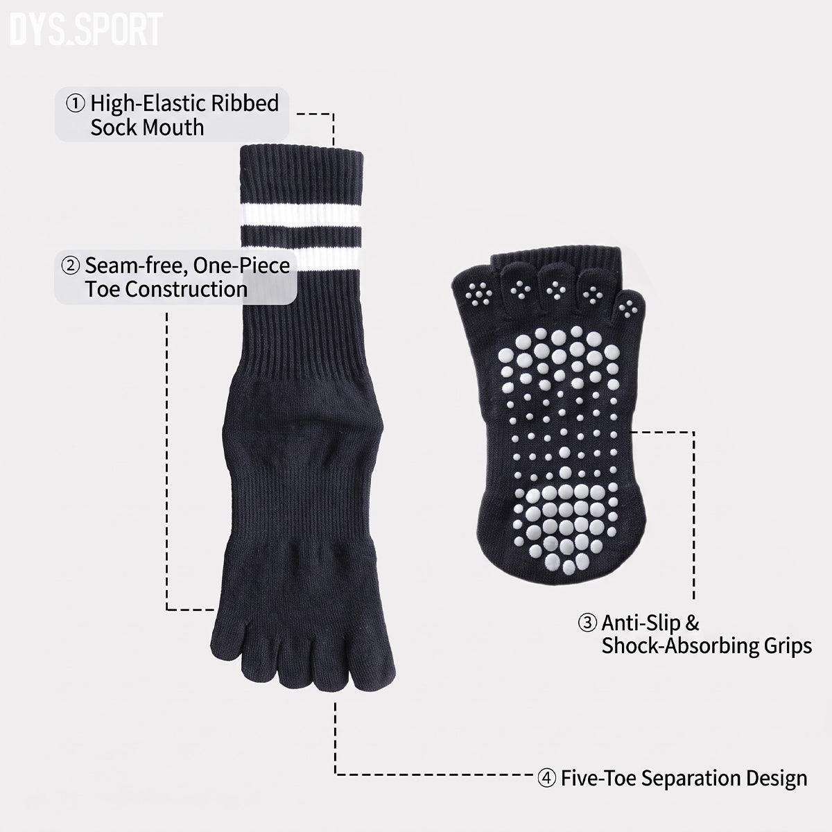 DYS.SPORT Five Toe Grip Socks | Non-Slip Yoga & Pilates Socks