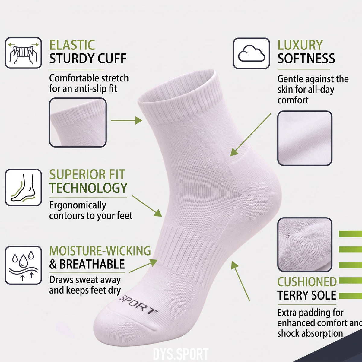 DYS.SPORT Cotton Crew Socks | Ribbed Athletic Socks with Terry Cushion Comfort
