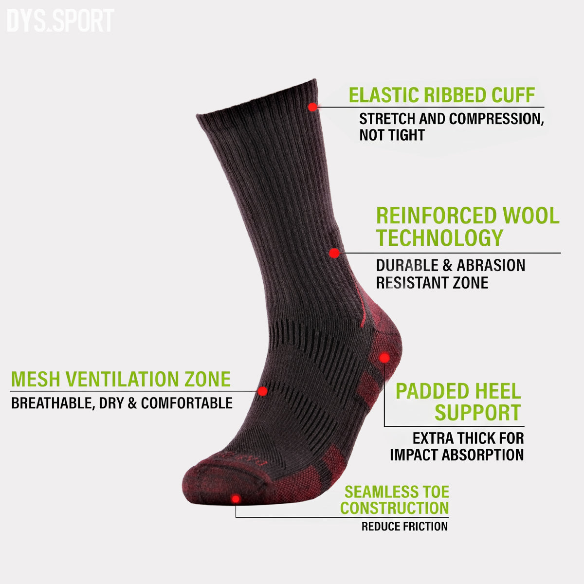 DYS.SPORT Men's Merino Wool Blend Outdoor Hiking Socks