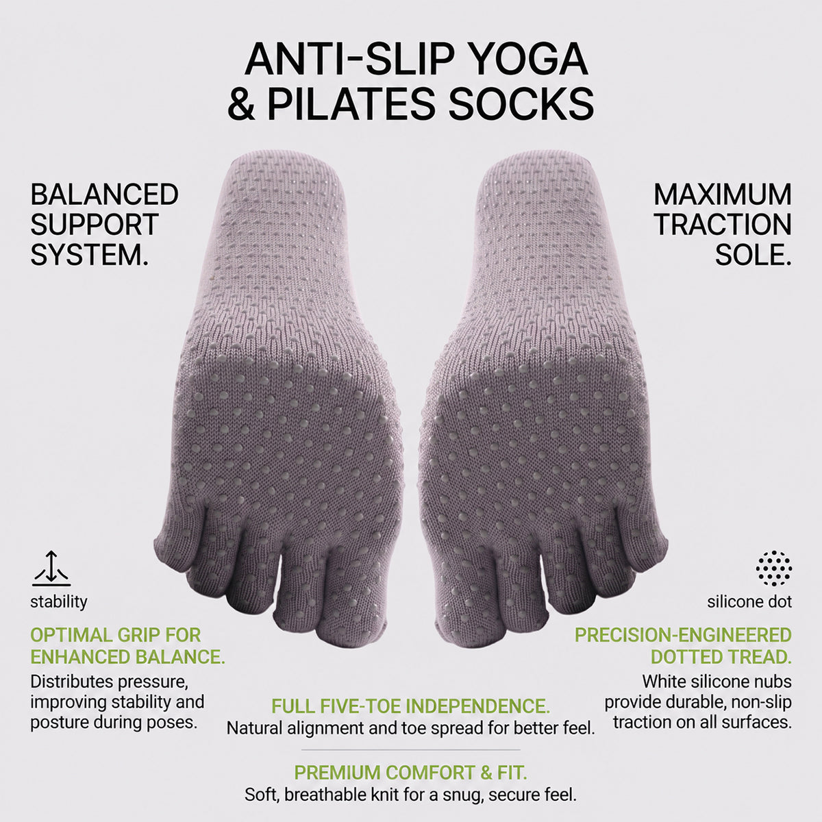 DYS.SPORT Women's Anti-Slip Yoga Toe Socks | Five Finger Pilates Grip Socks